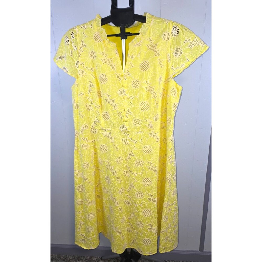 Talbots Floral Ruffle Neck Yellow Dress Size 18 Excellent Pullover Design